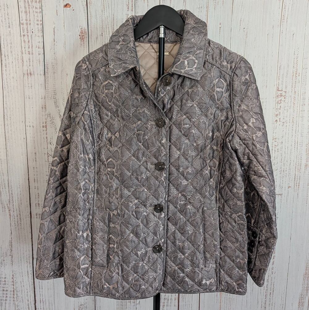 Chicos Quilted Jacket Womens 0 US 4-6 Bronze Metallic Snakeskin Print Barn Coat
